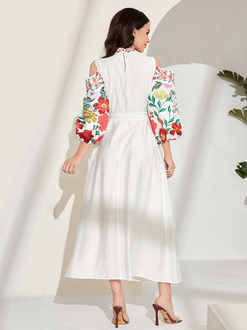 Mulvari Floral Print Cold Shoulder Belted Dress shein