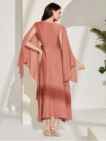 Modely Cloak Sleeve Knot Side Wrap Hem Dress shein