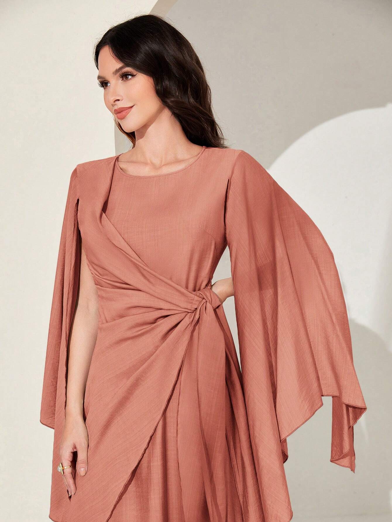 Modely Cloak Sleeve Knot Side Wrap Hem Dress shein