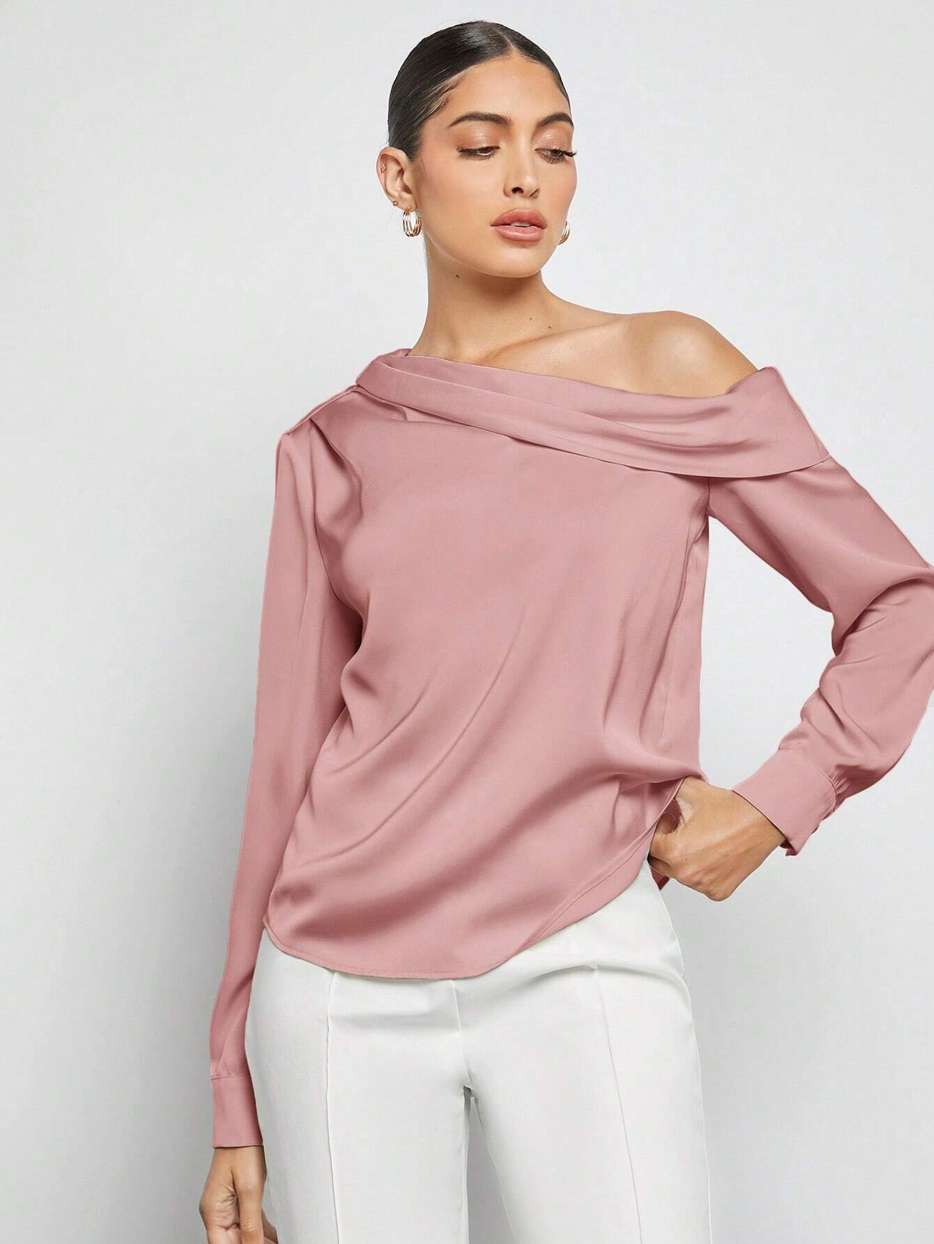 Asymmetrical Neck Ruched Detail Satin Blouse shein