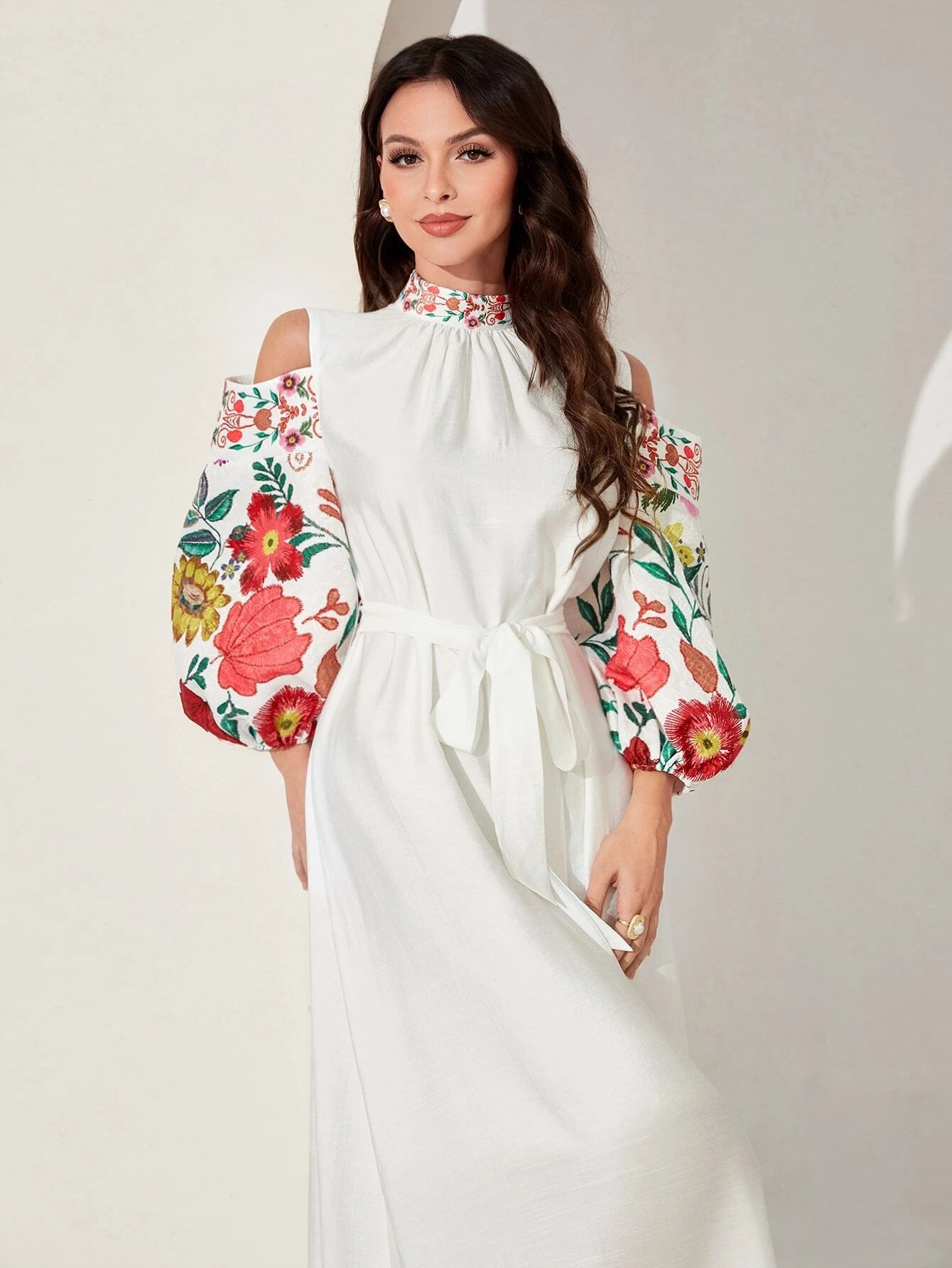 Mulvari Floral Print Cold Shoulder Belted Dress shein