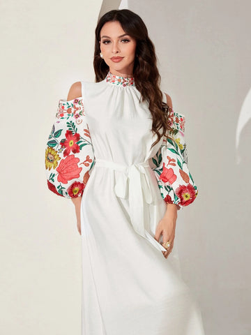 Mulvari Floral Print Cold Shoulder Belted Dress shein