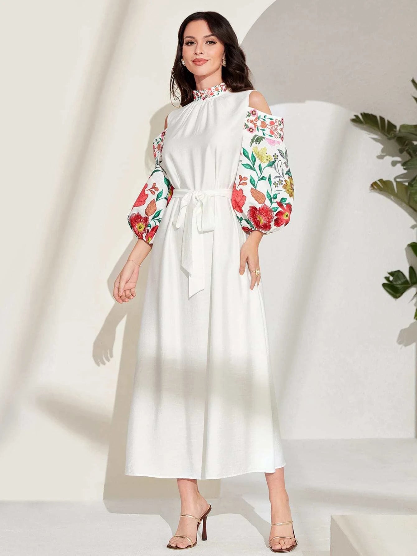 Mulvari Floral Print Cold Shoulder Belted Dress shein