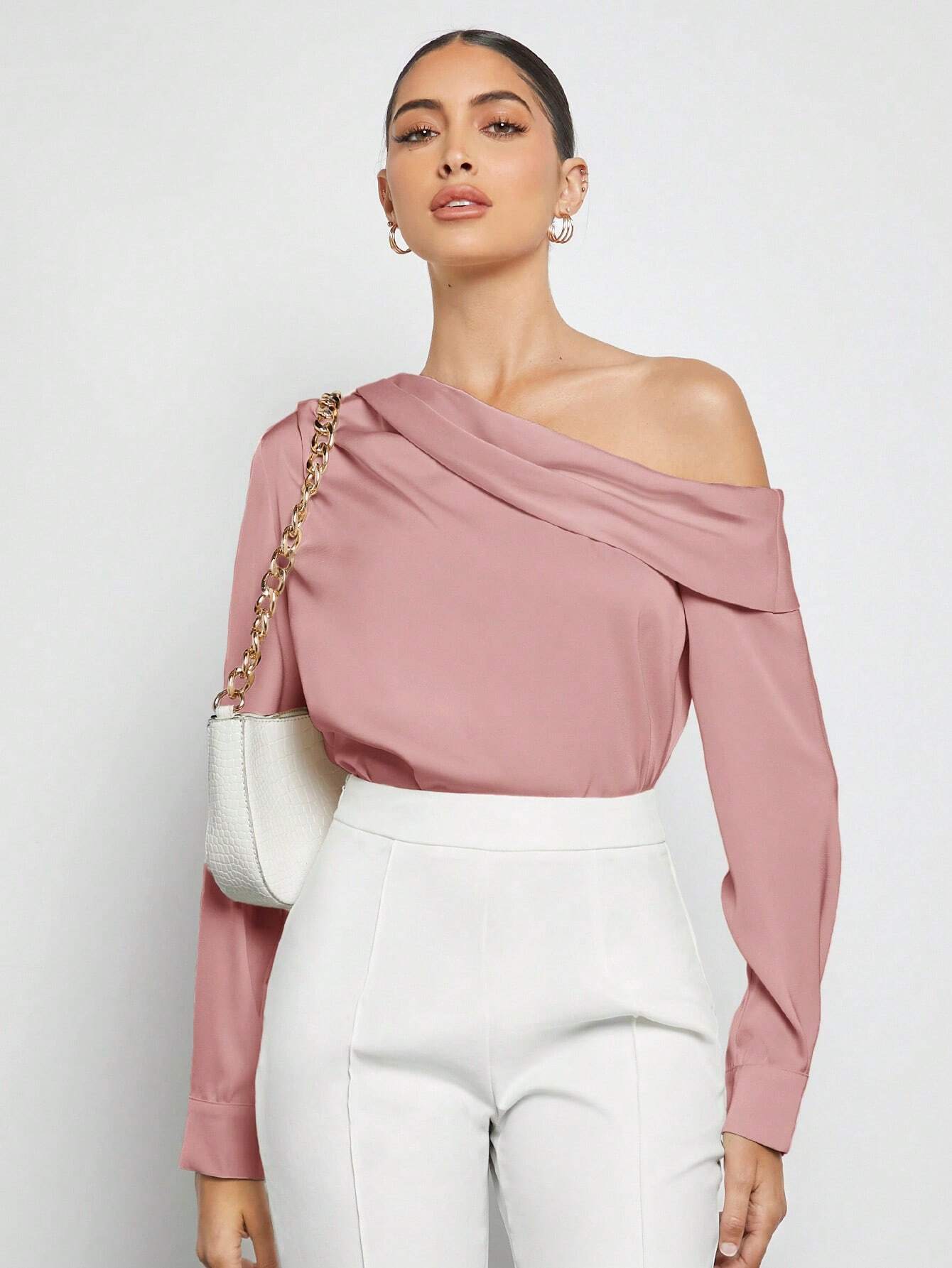 Asymmetrical Neck Ruched Detail Satin Blouse shein