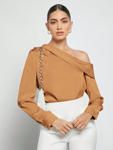 Asymmetrical Neck Ruched Detail Satin Blouse shein