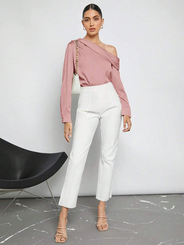 Asymmetrical Neck Ruched Detail Satin Blouse shein