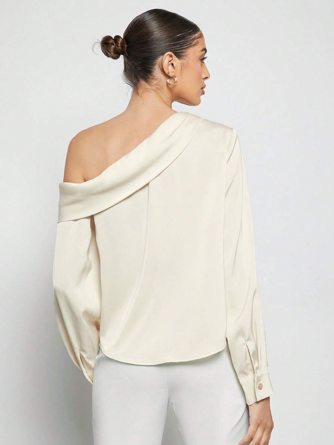 Asymmetrical Neck Ruched Detail Satin Blouse shein