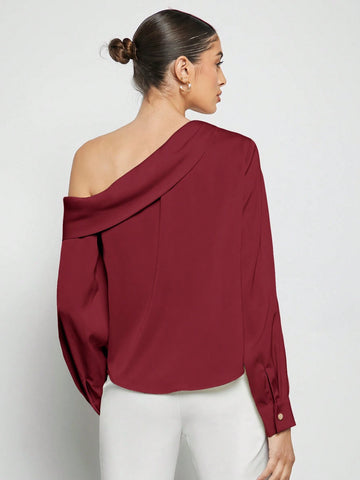 Asymmetrical Neck Ruched Detail Satin Blouse shein