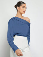 Asymmetrical Neck Ruched Detail Satin Blouse shein