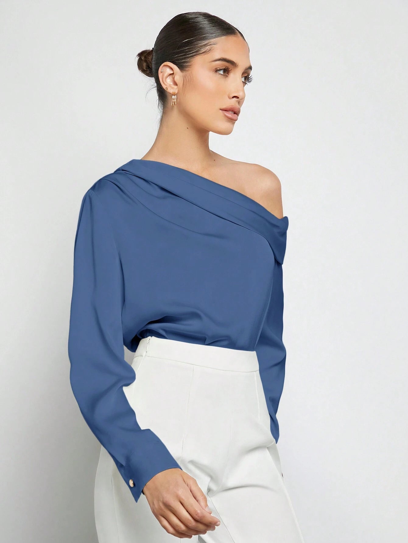Asymmetrical Neck Ruched Detail Satin Blouse shein