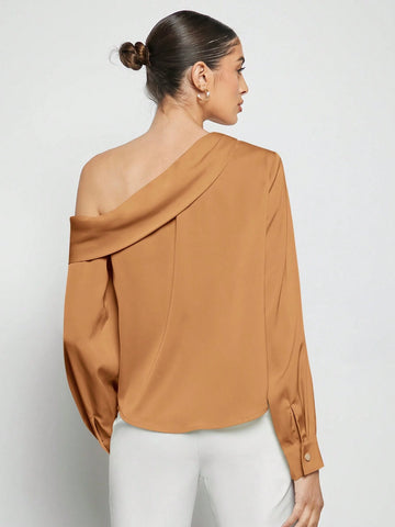 Asymmetrical Neck Ruched Detail Satin Blouse shein