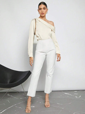 Asymmetrical Neck Ruched Detail Satin Blouse shein