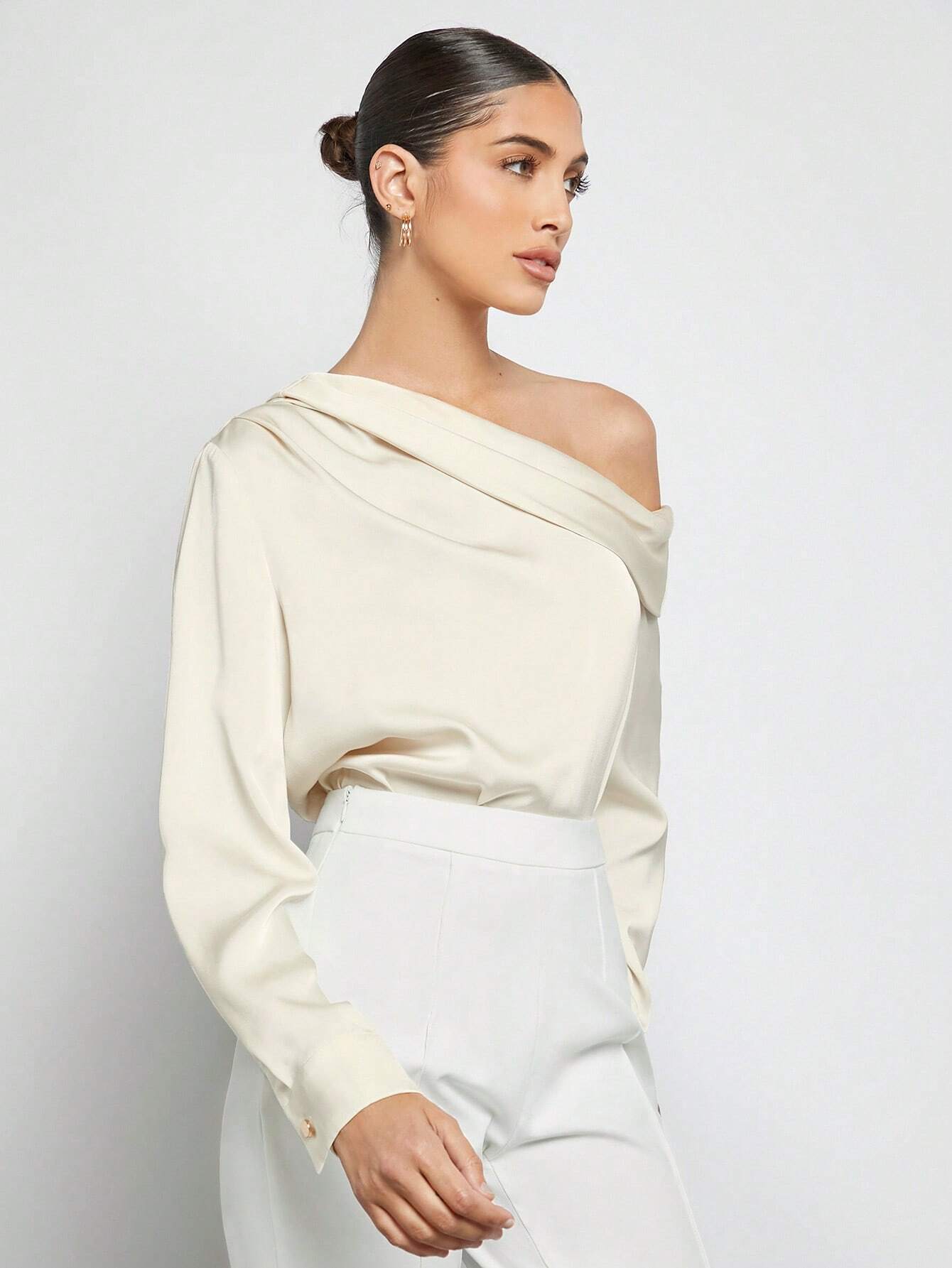 Asymmetrical Neck Ruched Detail Satin Blouse shein