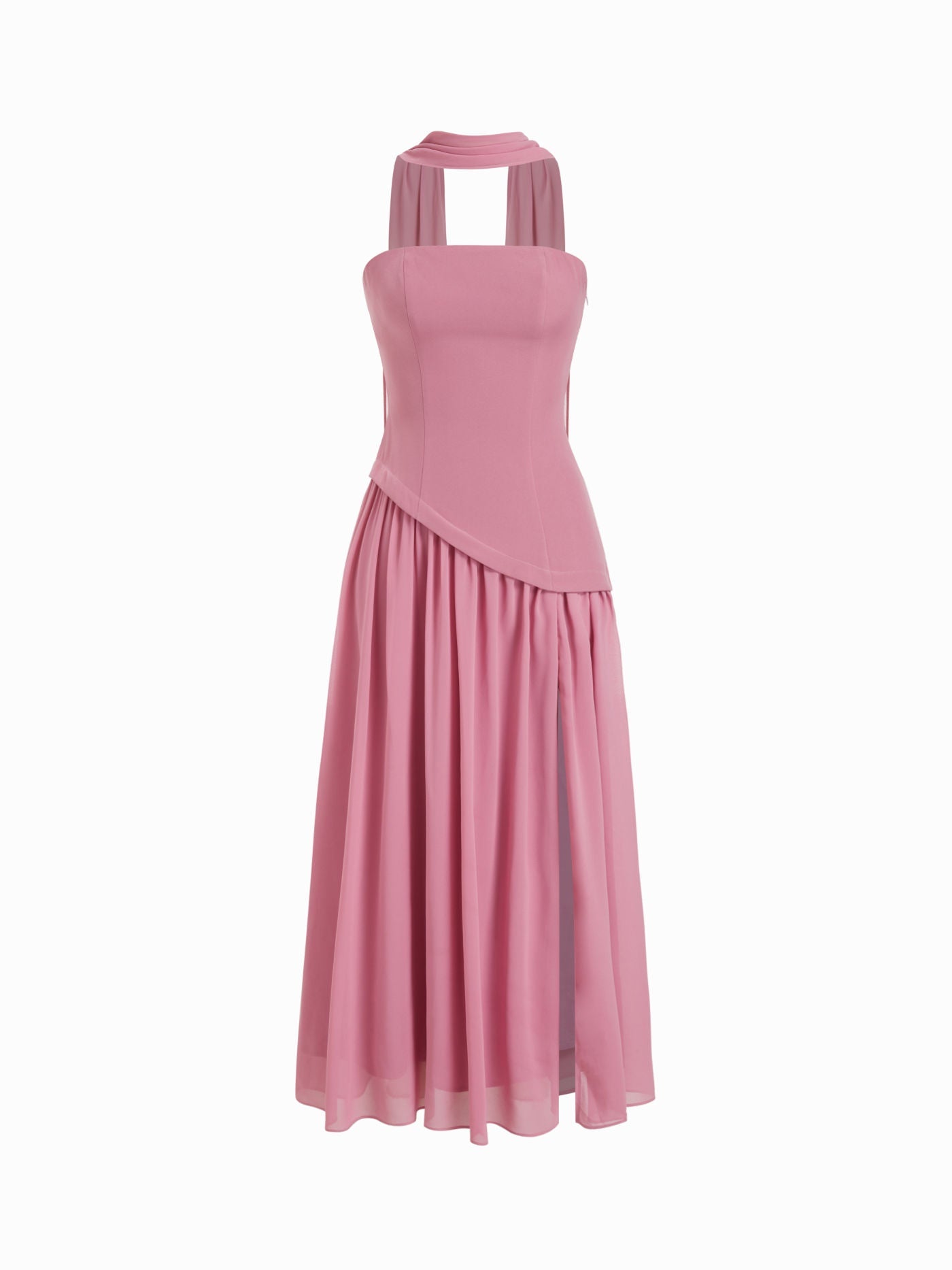 Chiffon Sculptural Halter Neckline Lace Up Maxi Bobycon Dress With Scarf Cider