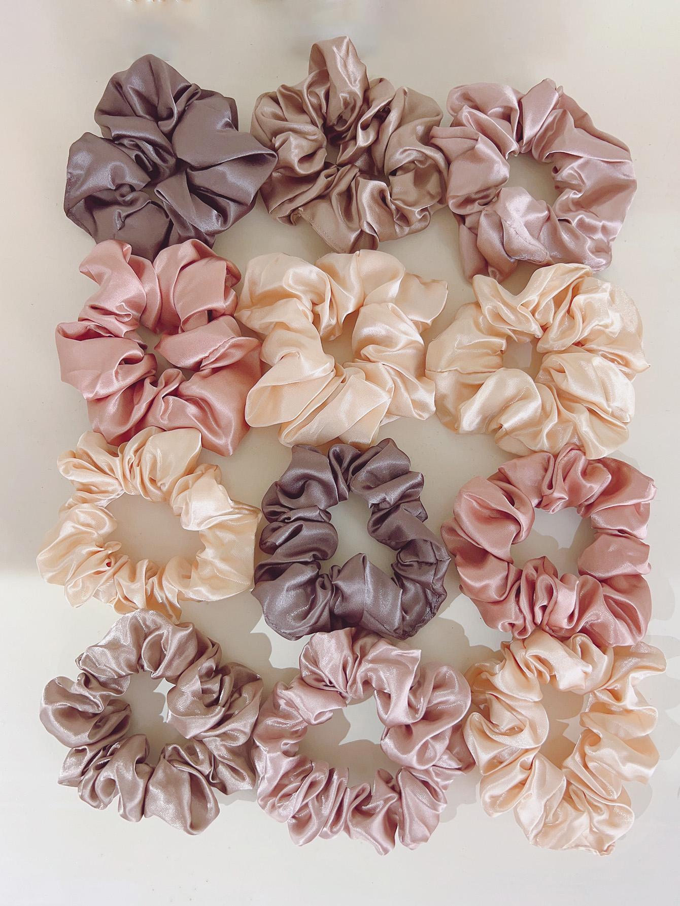 12pcs Women Pink Khaki Solid Casual Scrunchie For Daily Life shein