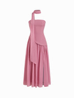 Chiffon Sculptural Halter Neckline Lace Up Maxi Bobycon Dress With Scarf Cider