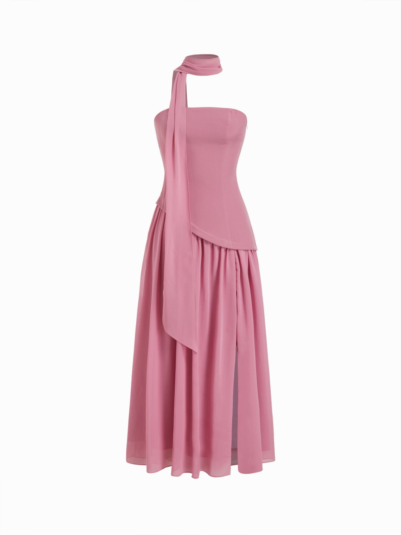 Chiffon Sculptural Halter Neckline Lace Up Maxi Bobycon Dress With Scarf Cider