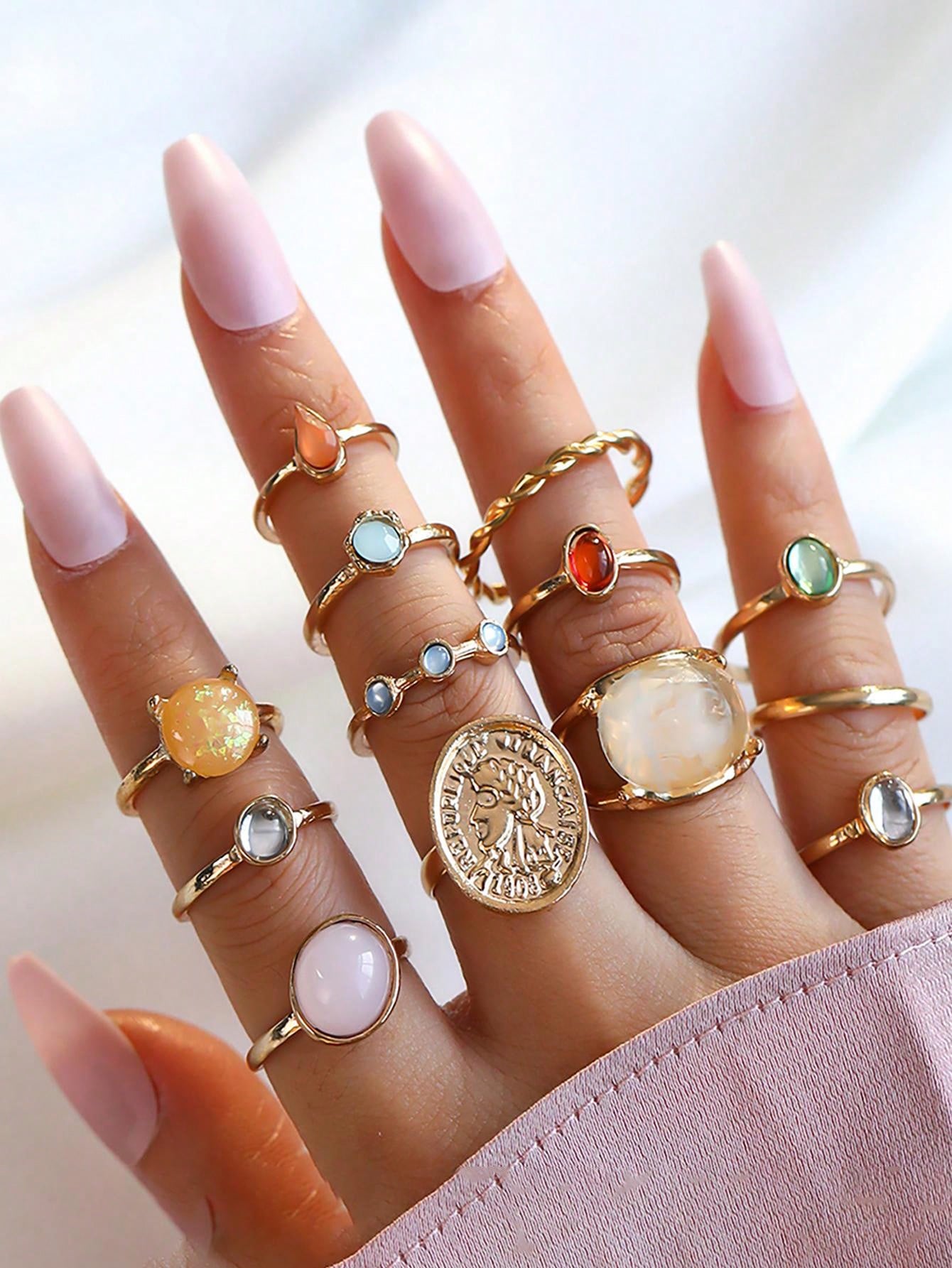 Unique Geometric Floral Colorful Gemstone Pearl Rings