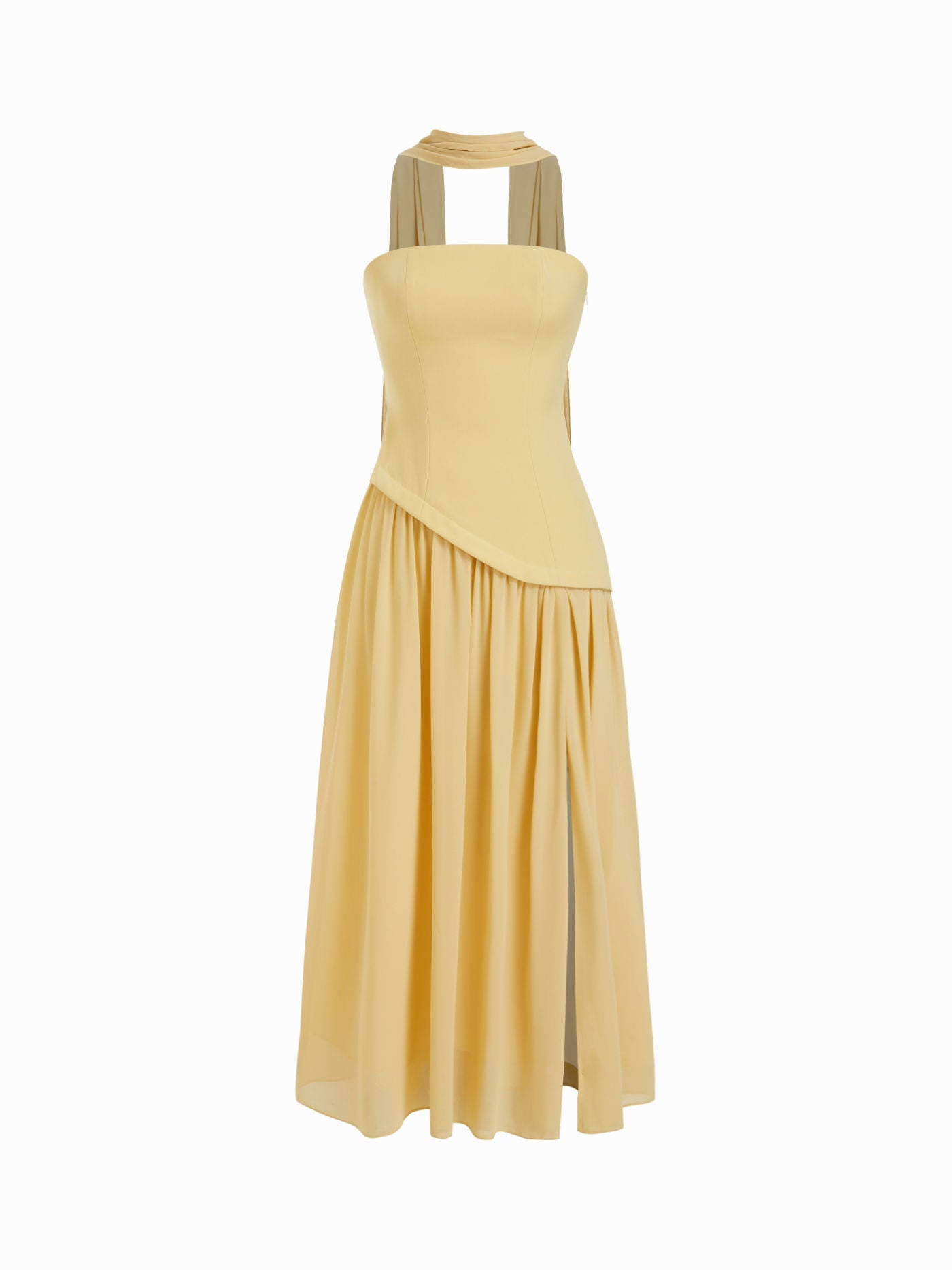 Chiffon Sculptural Halter Neckline Lace Up Maxi Bobycon Dress With Scarf Cider
