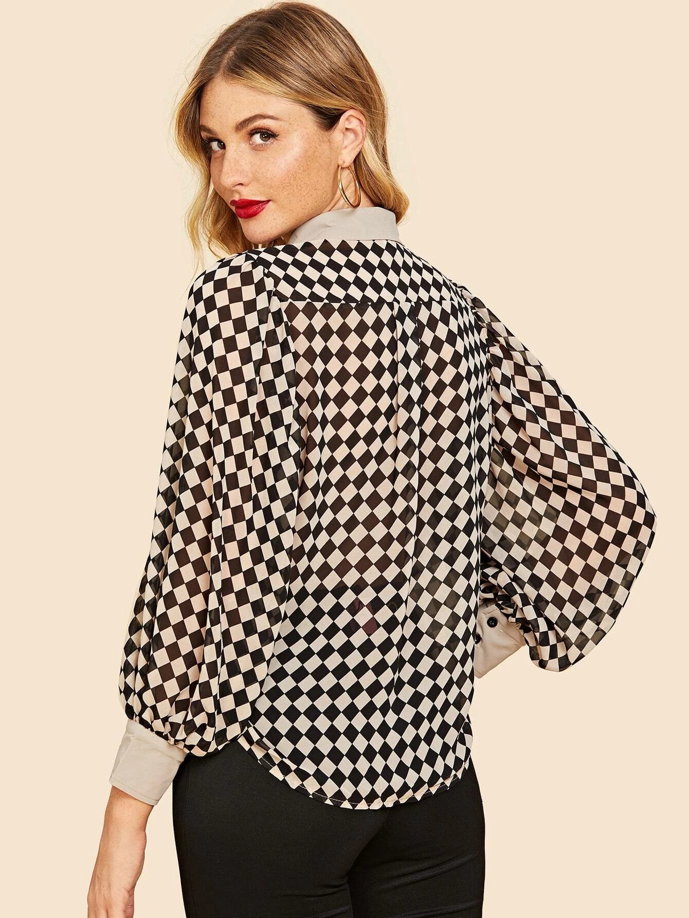 Frenchy 70s Bishop Sleeve Checkerboard Shirt shein