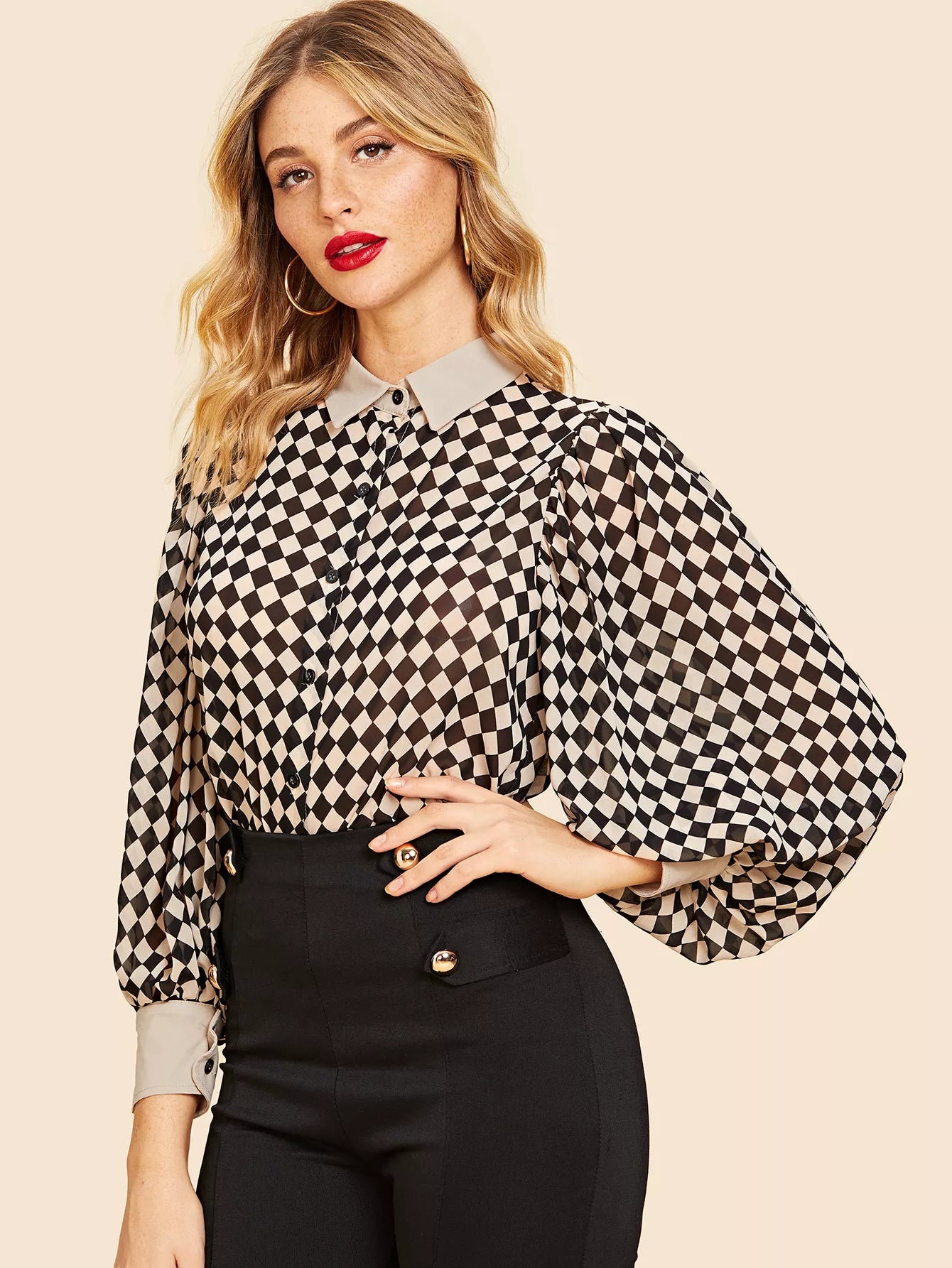 Frenchy 70s Bishop Sleeve Checkerboard Shirt shein