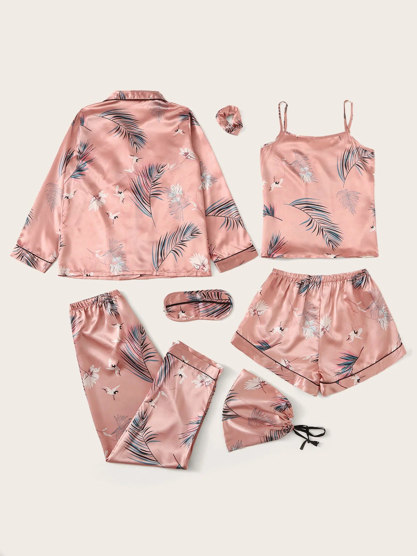 7pcs Crane & Tropical Print Satin Pajama Set shein