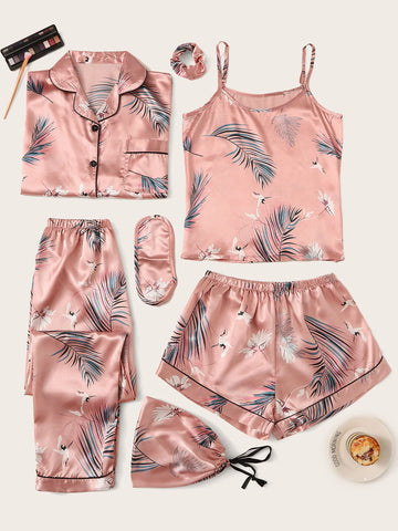 7pcs Crane & Tropical Print Satin Pajama Set shein