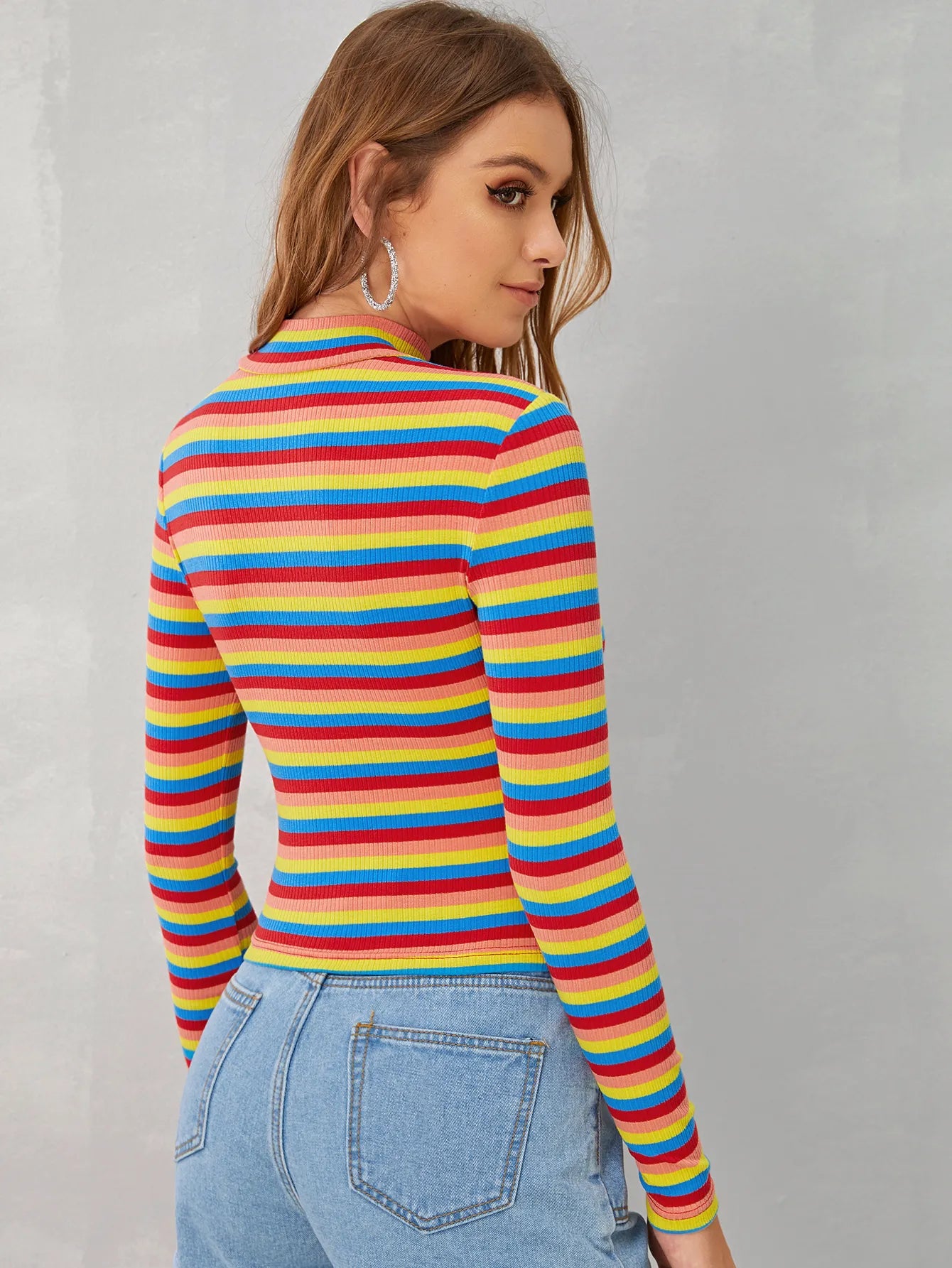 EZwear Mock-neck Rib-knit Striped Tee shein