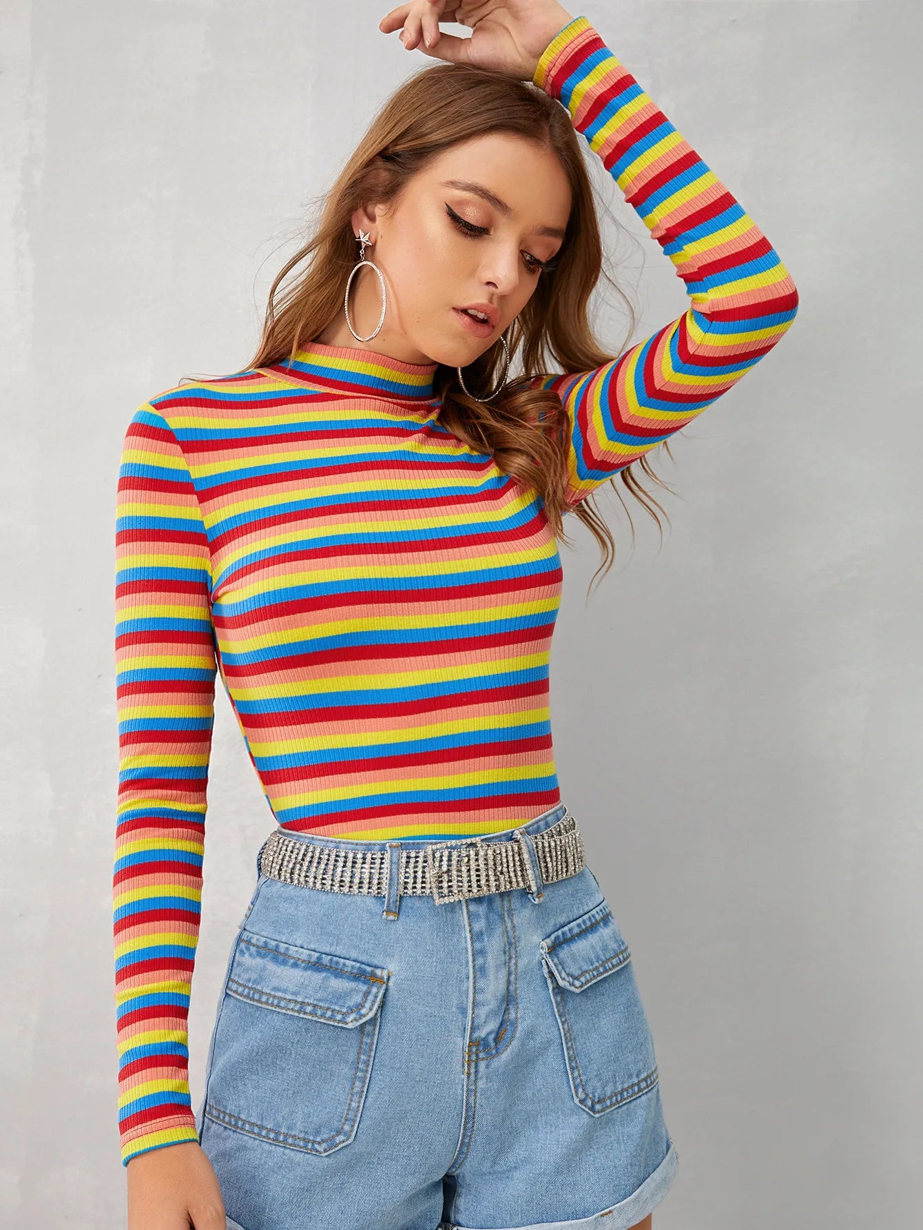 EZwear Mock-neck Rib-knit Striped Tee shein