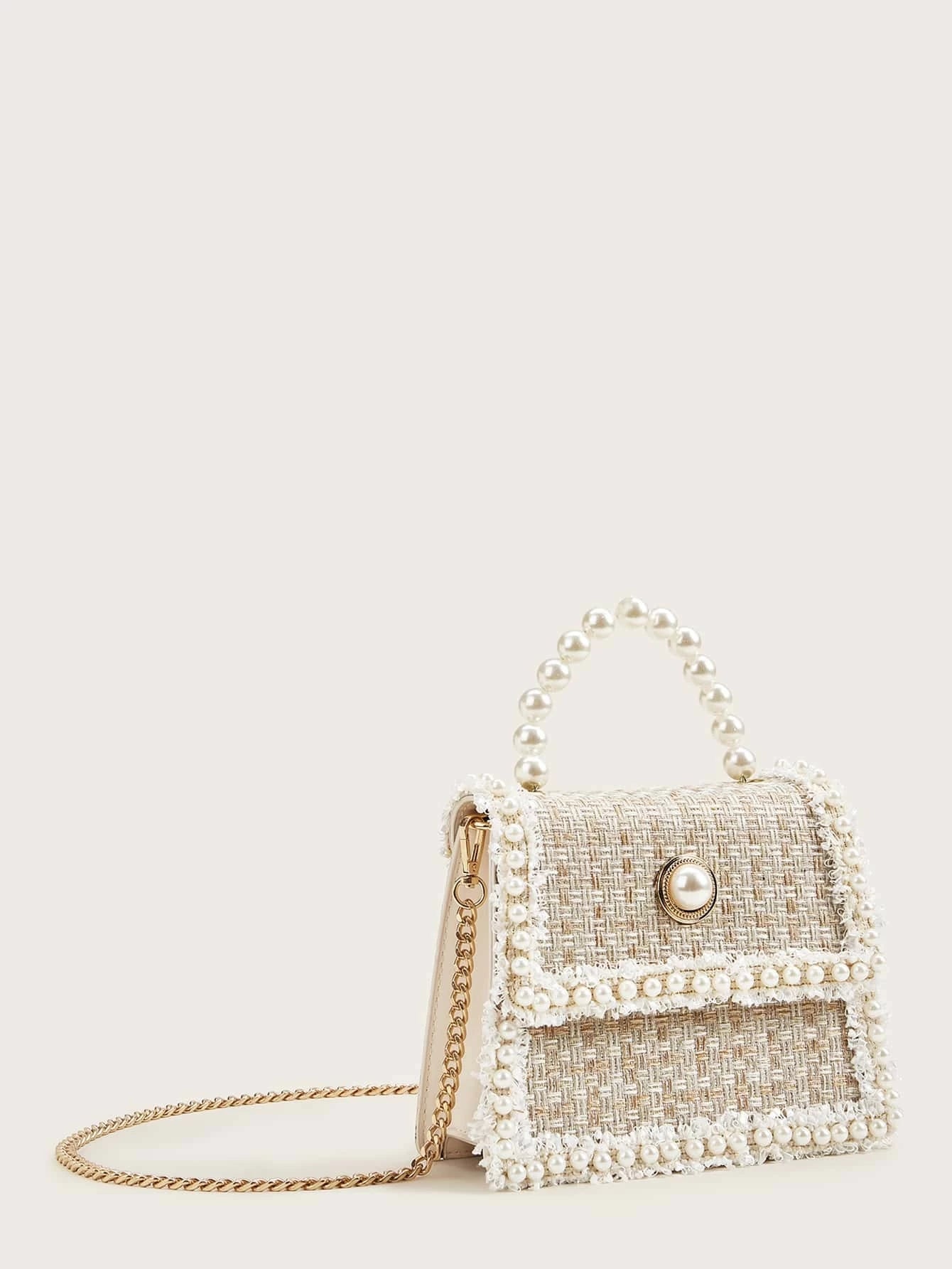 Elegant, Exquisite Mini Faux Pearl Decor Tweed Satchel Bag shein