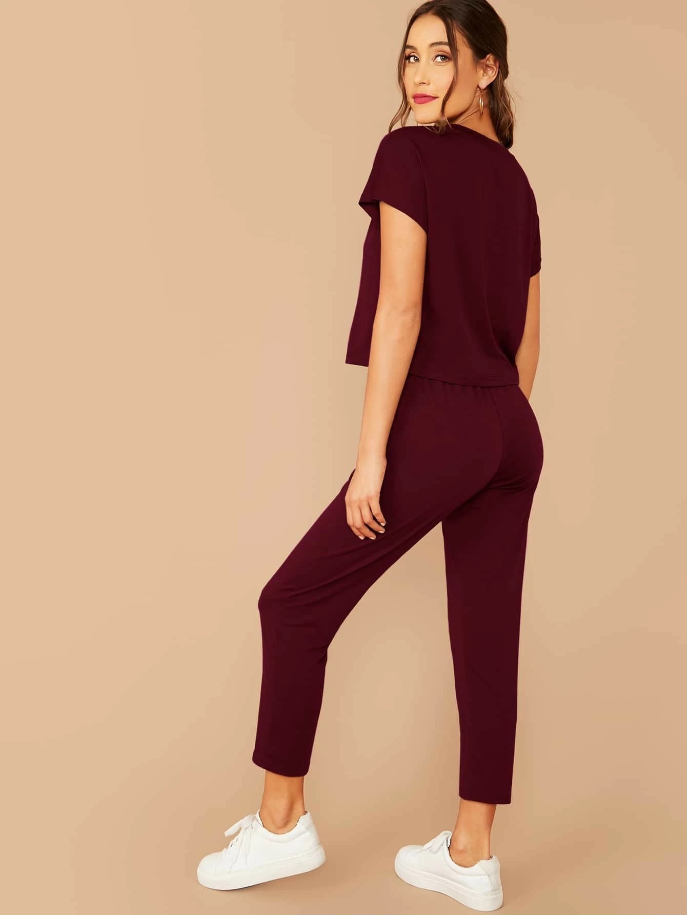LUNE Solid Boxy Tee & Drawstring Ankle-Cut Pants Set shein