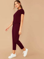 LUNE Solid Boxy Tee & Drawstring Ankle-Cut Pants Set shein