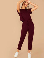 LUNE Solid Boxy Tee & Drawstring Ankle-Cut Pants Set shein