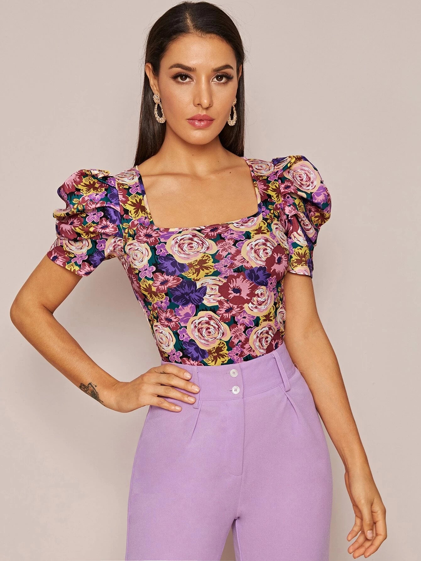 Privé Square Neck Puff Sleeve Floral Print Top shein