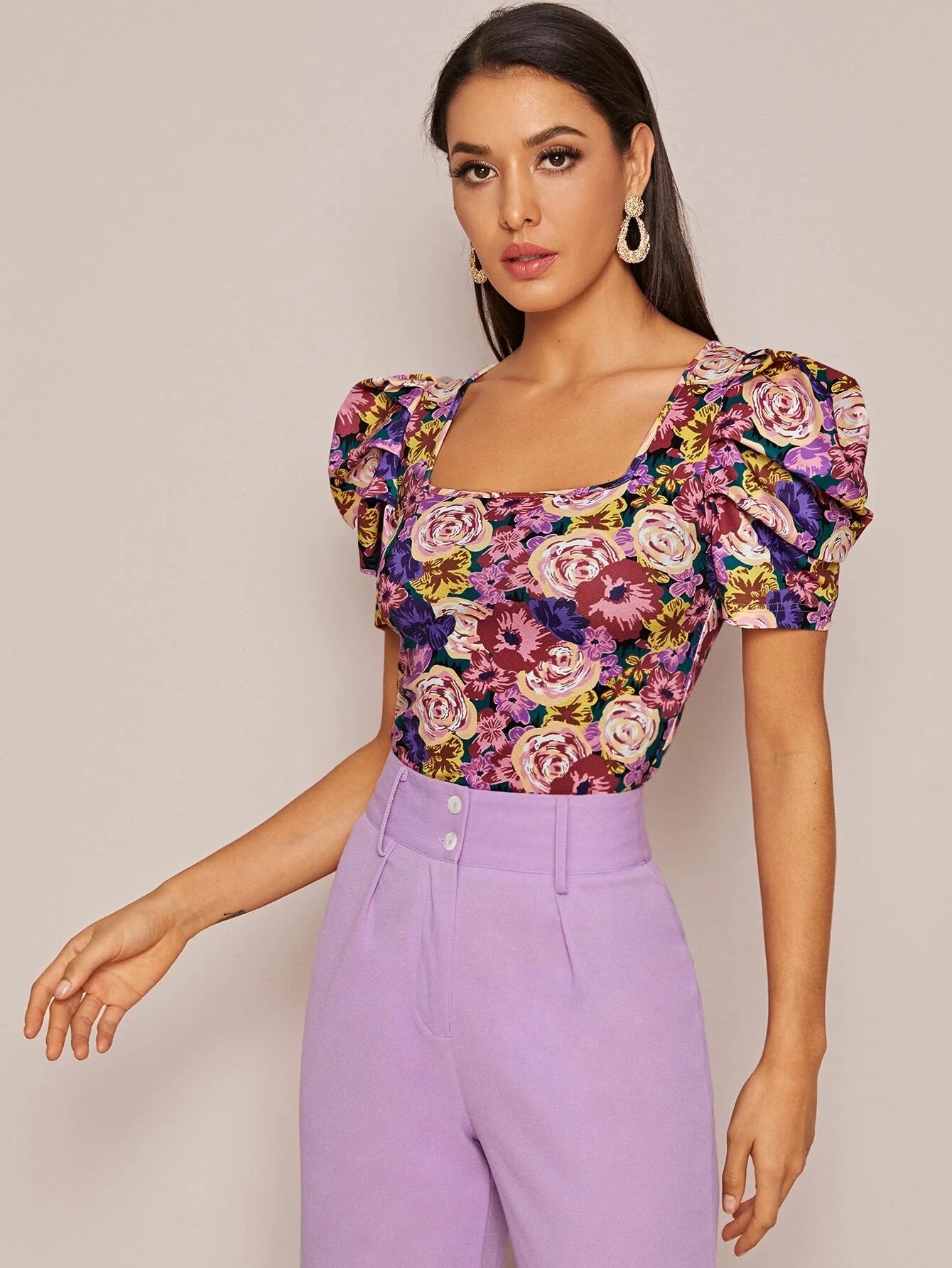 Privé Square Neck Puff Sleeve Floral Print Top shein