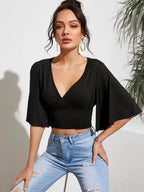 VCAY Flutter Sleeve Shirred Panel Crop Top shein