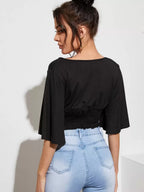 VCAY Flutter Sleeve Shirred Panel Crop Top shein