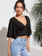 VCAY Flutter Sleeve Shirred Panel Crop Top shein