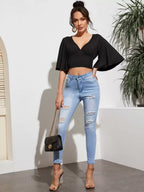 VCAY Flutter Sleeve Shirred Panel Crop Top shein