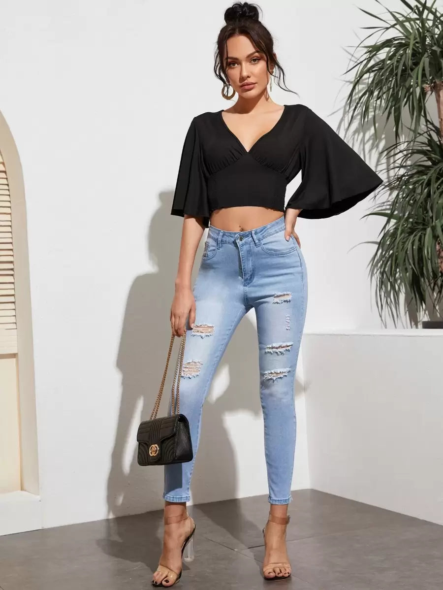 VCAY Flutter Sleeve Shirred Panel Crop Top shein