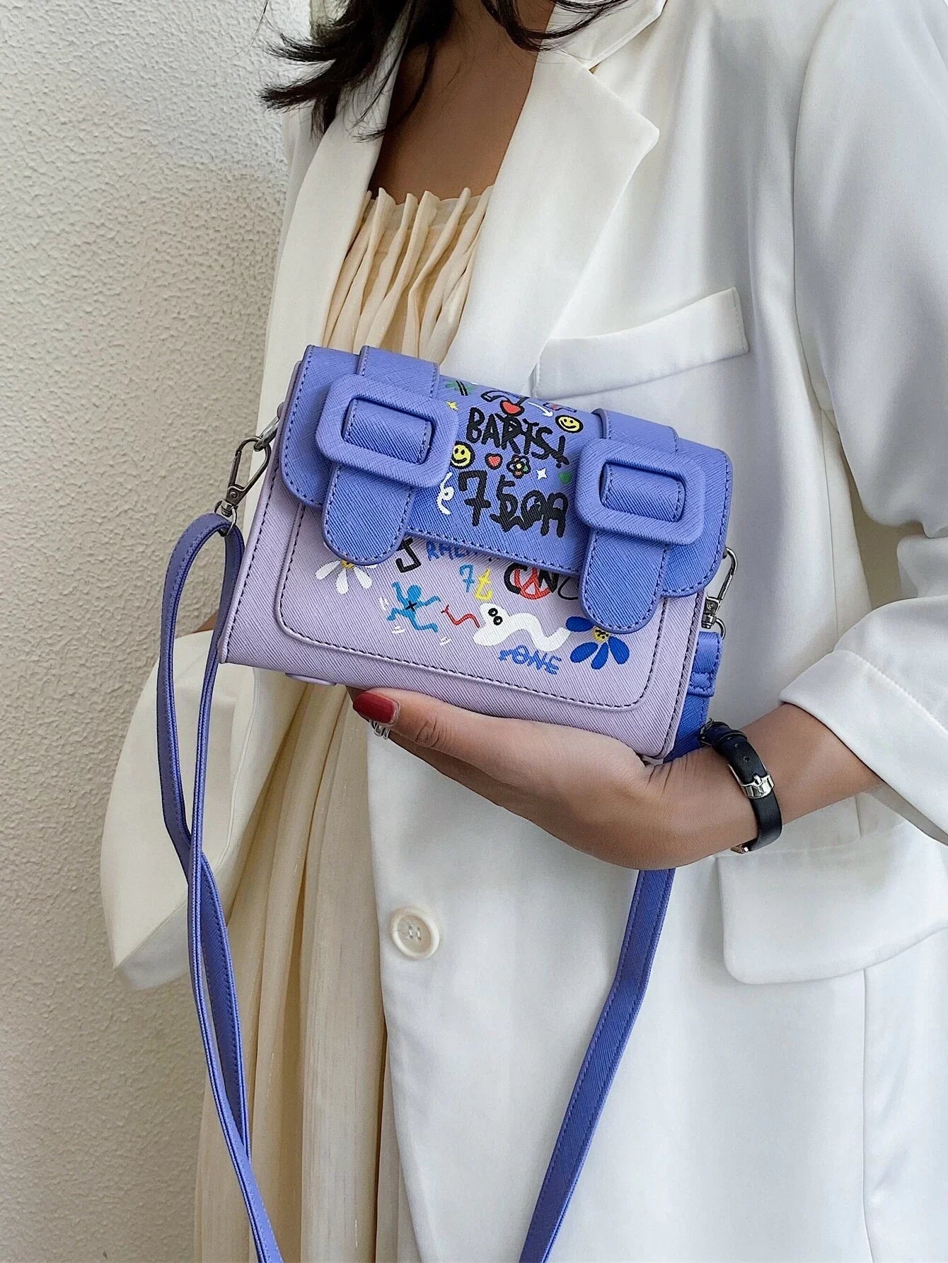 Teenage Girls' Personality Graffiti Pattern Shoulder Bag With Flap shein