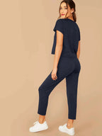 LUNE Solid Boxy Tee & Drawstring Ankle-Cut Pants Set shein
