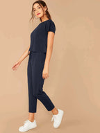 LUNE Solid Boxy Tee & Drawstring Ankle-Cut Pants Set shein