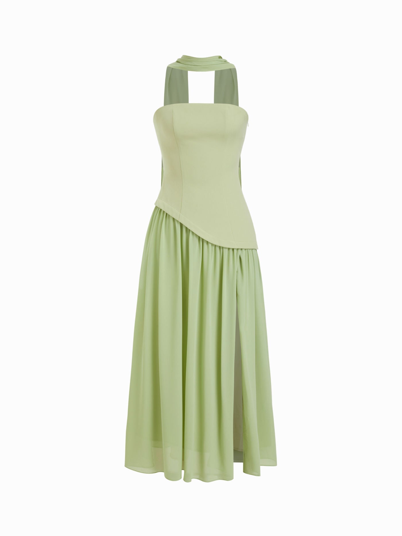Chiffon Sculptural Halter Neckline Lace Up Maxi Bobycon Dress With Scarf Cider