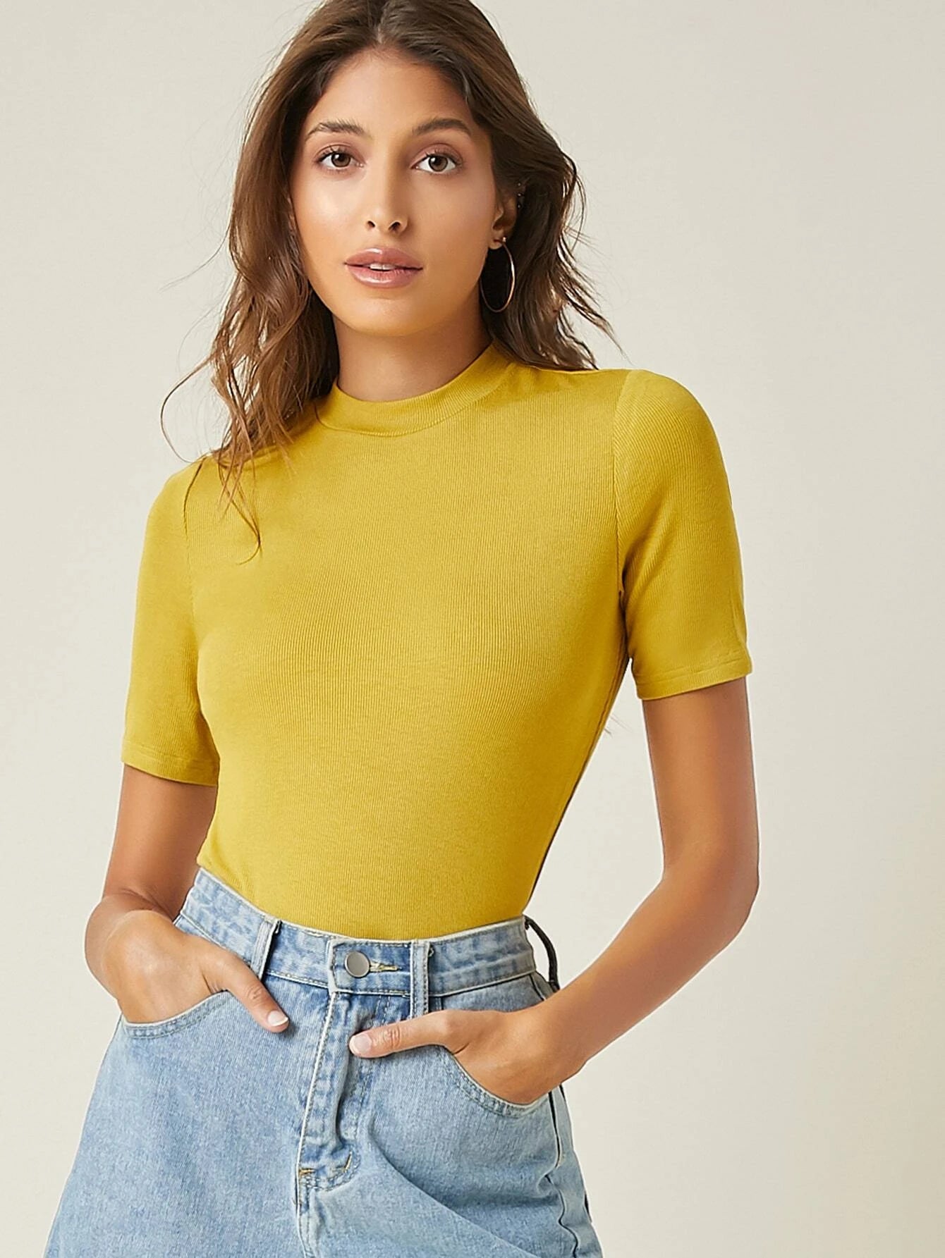 BASICS Mock-Neck Rib-knit Top shein