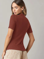 BASICS Mock-Neck Rib-knit Top shein