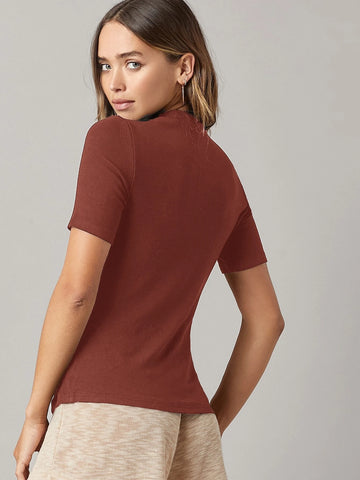 BASICS Mock-Neck Rib-knit Top