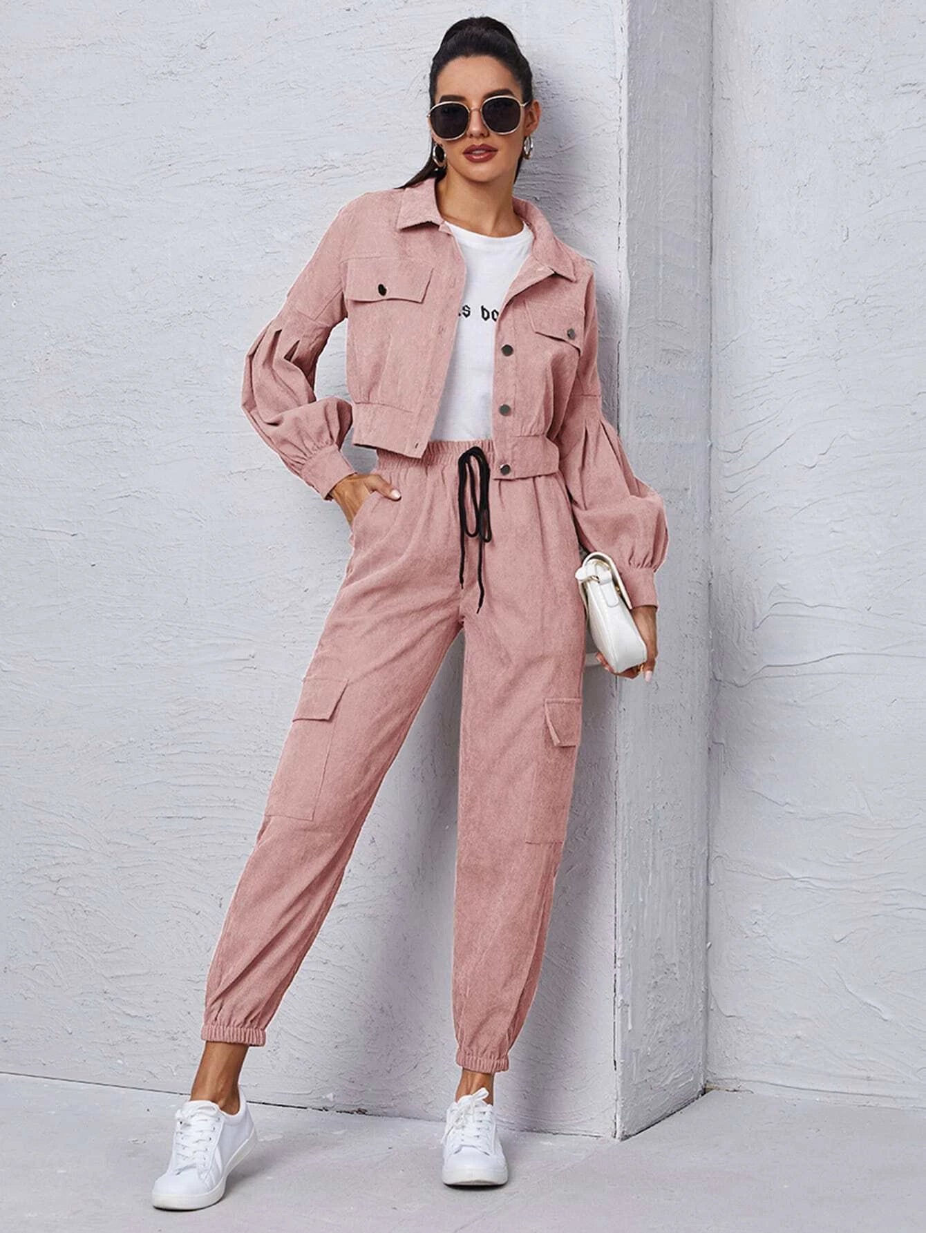 Mulvari Corduroy Flap Detail Jacket With Tie Front Cargo Pants shein