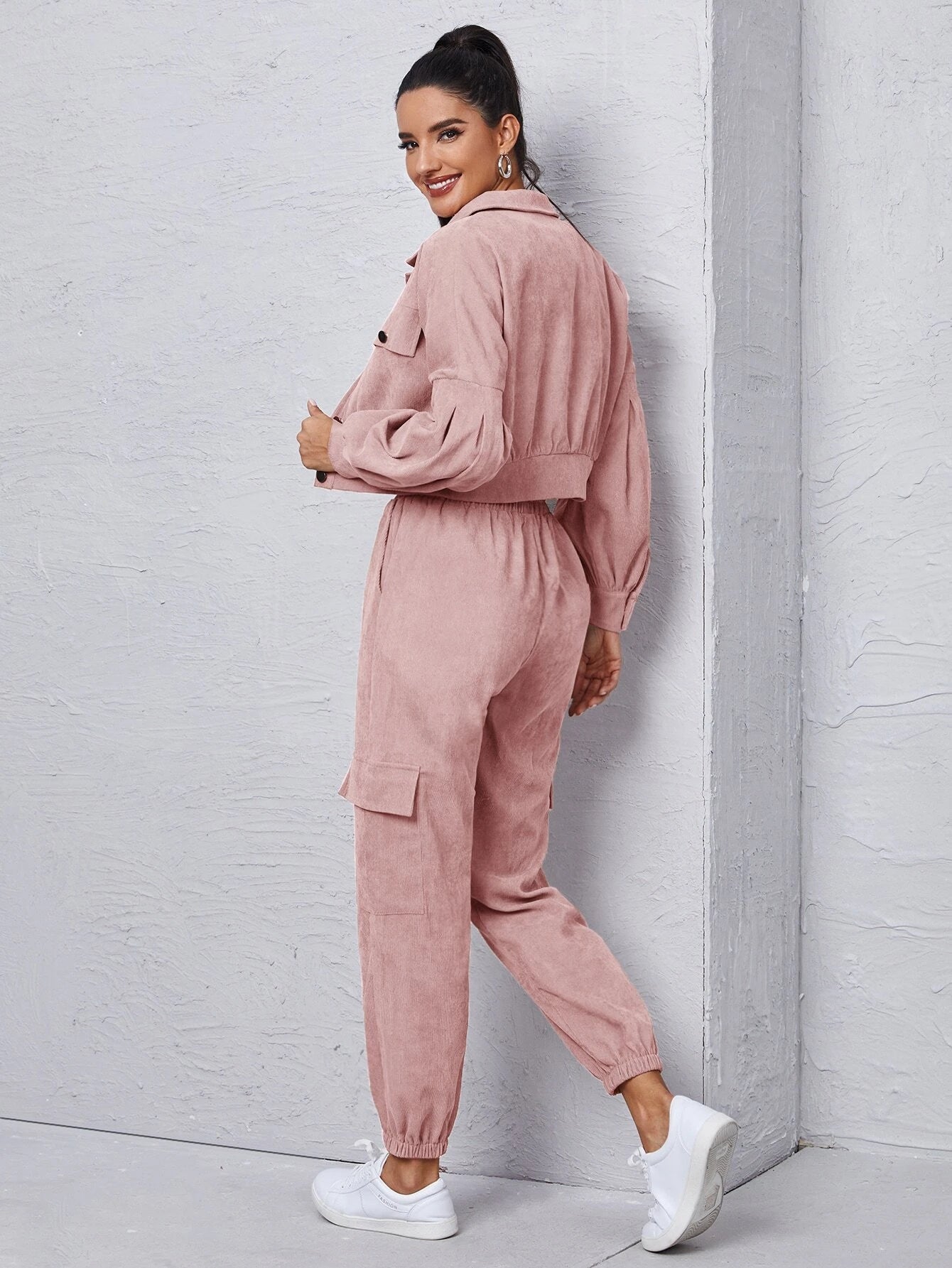 Mulvari Corduroy Flap Detail Jacket With Tie Front Cargo Pants shein