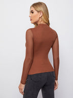 Privé Mock-Neck Mesh Panel Fitted Black Tee shein